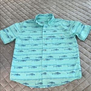 Huk Men's Button-Up Short Sleeve Fishing Print Shirt - Aqua